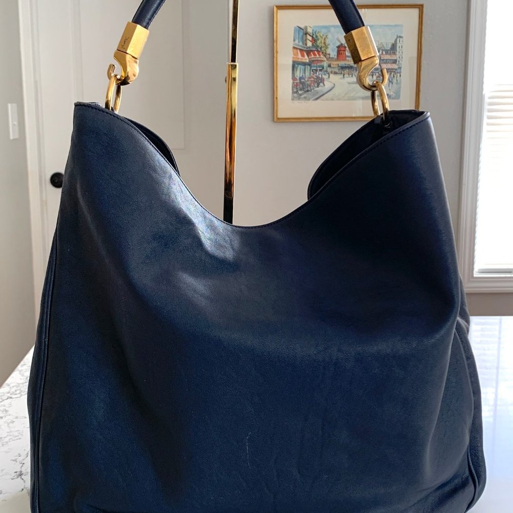YSL Saint Laurent Roady Navy Leather Large Hobo Shoulder Bag Handbag